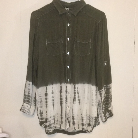 Olive Green Dip-Dye Tye-Dye Button-Down Shirt - Picture 1 of 7